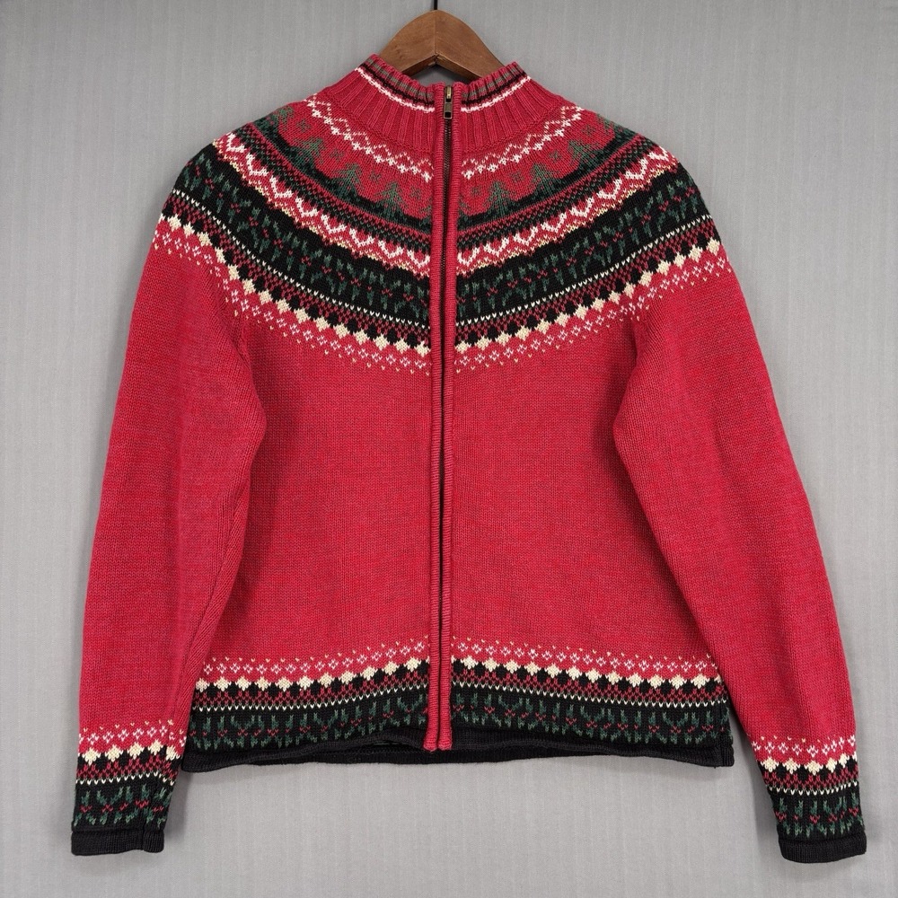 Vintage Tiara International Fair Isle Full Zip Sweater L Red Christmas Nordic
